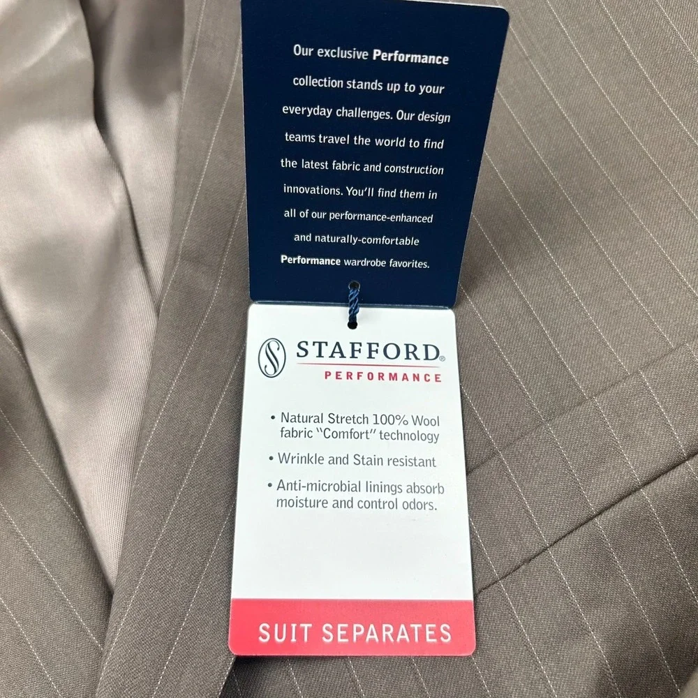 Stafford Performance Classic Fit Worsted‎ Wool Blazer Mens 48R Taupe Striped NEW